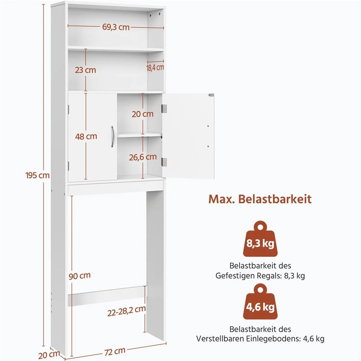 Yaheetech Toilettenschrank und Waschmaschinenschrank – 195 cm hoch – 72 x 20 cm – Weiß