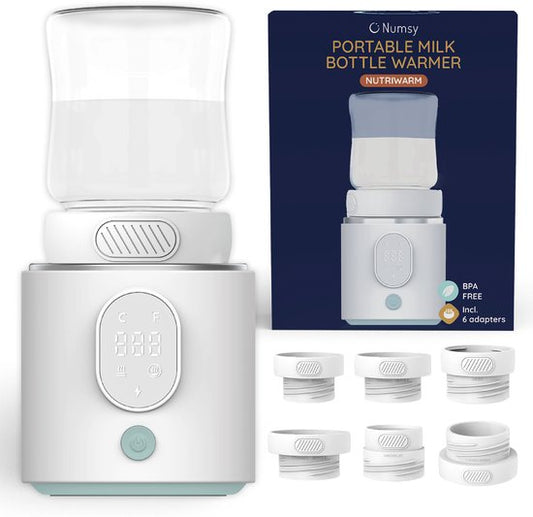 Numsy Tragbarer Flaschenwärmer für unterwegs - kabellos - inkl. 6 Adapter - 4 Temperaturstufen