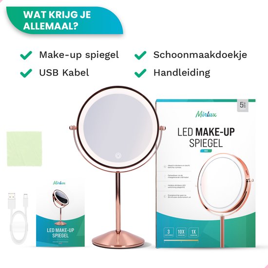 Mirlux Make-up-Spiegel mit LED-Beleuchtung - 10-fache Vergrößerung - Rasierspiegel Small On Foot - 3 Lichtstufen - wiederaufladbar - Vergrößerungsspiegel Pink Gold