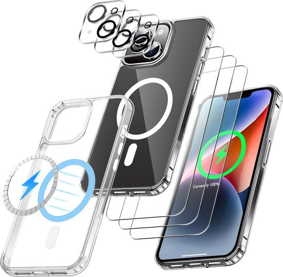 Podec Magsafe Case Passend für iPhone 14 - Bundle mit 3x Displayschutzfolie + 3x Kameraschutzfolie - Magnetisch mit Ring Transluzent - Handyhülle Transparent Magsafe Case - Transluzent