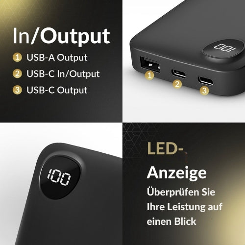 Surge Powerbank - 20.000mAh - 22,5W Schnellladegerät - 2x USB-C & 1x USB-A - 14,5 x 6,8 x 2,9 cm - Schwarz
