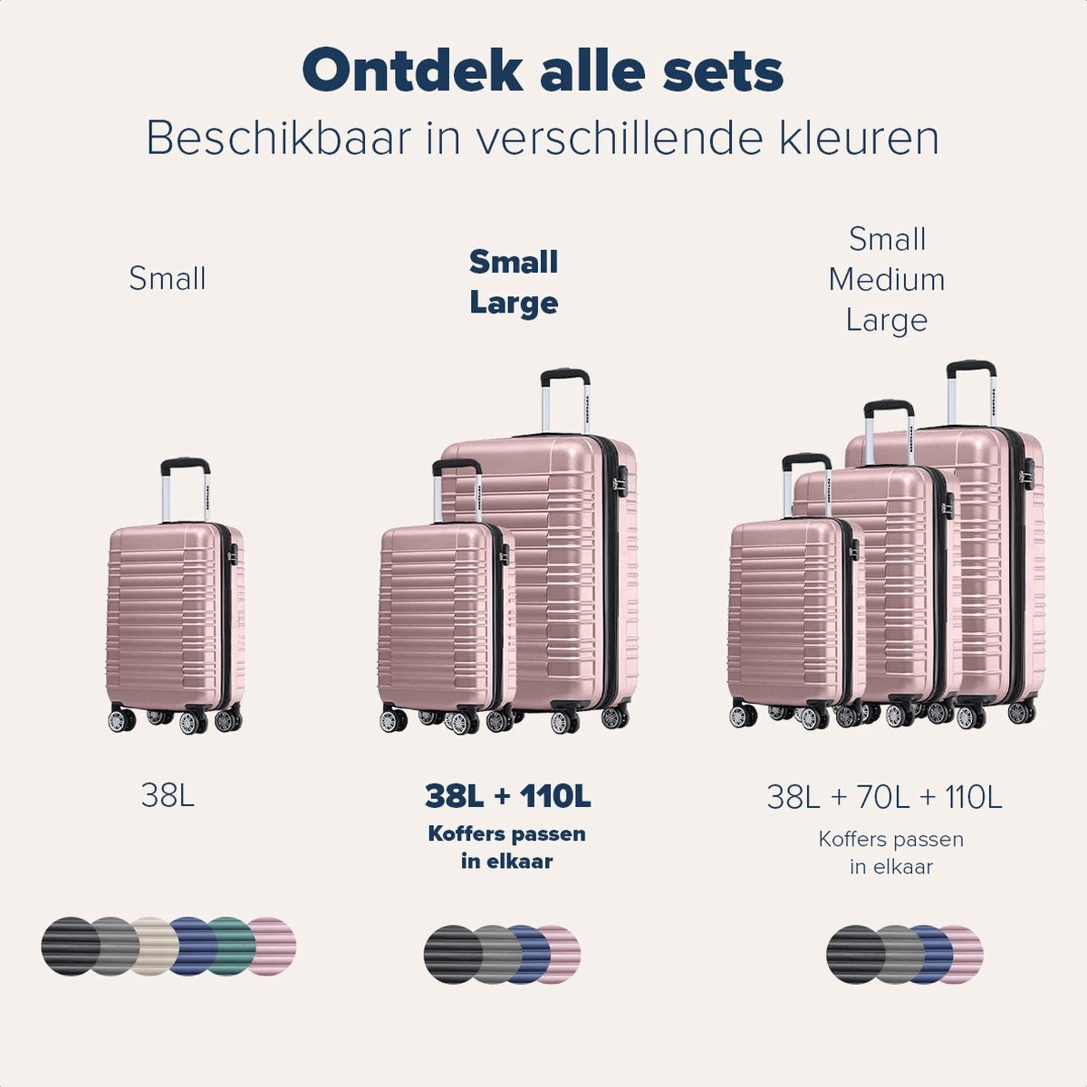 TRVLMORE - Kofferset - 2 Stück - 38L (Handgepäck) + 110L - Rose Gold