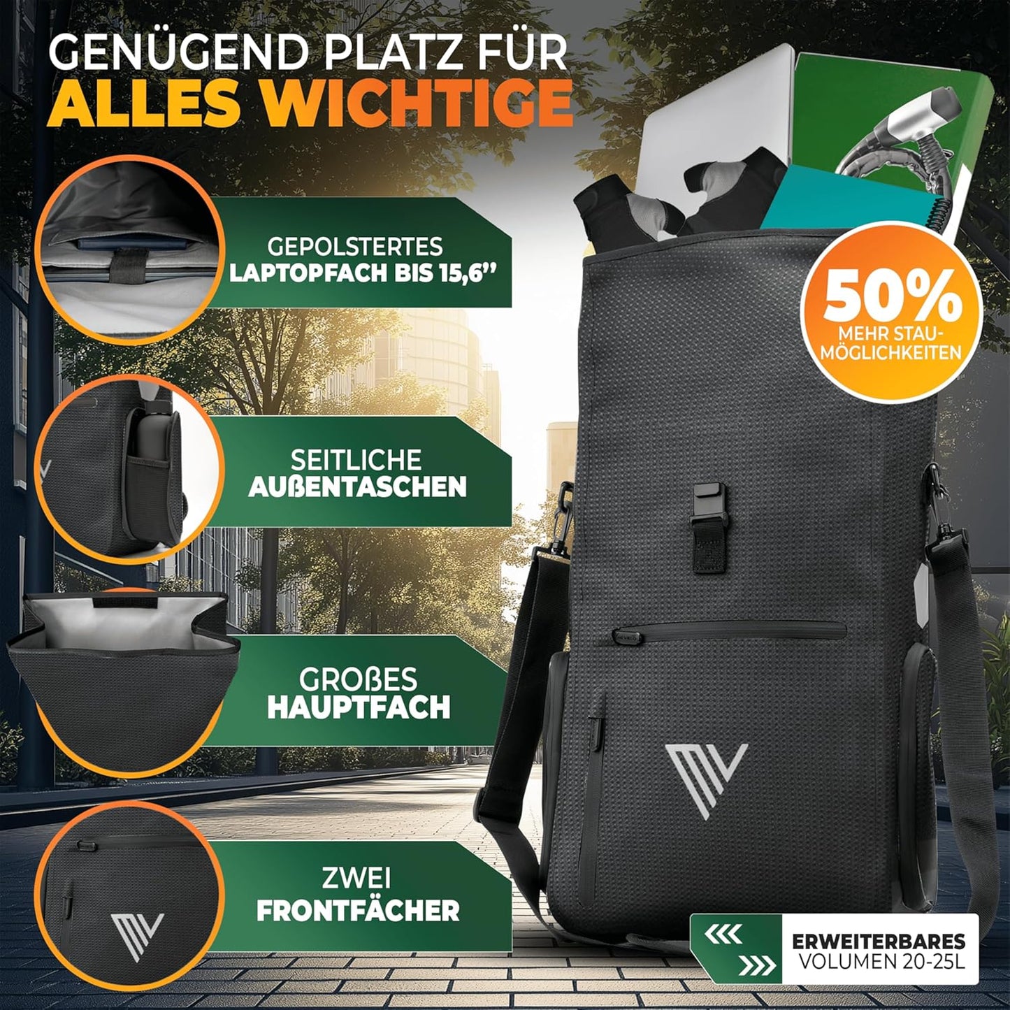 MIVELO 3-in-1 Packtasche, Rucksack und Umhängetasche - Wasserdicht - 25L - Mit Laptop-Fach & Schnellumwandlungsfunktion - Schwarz reflektierend
