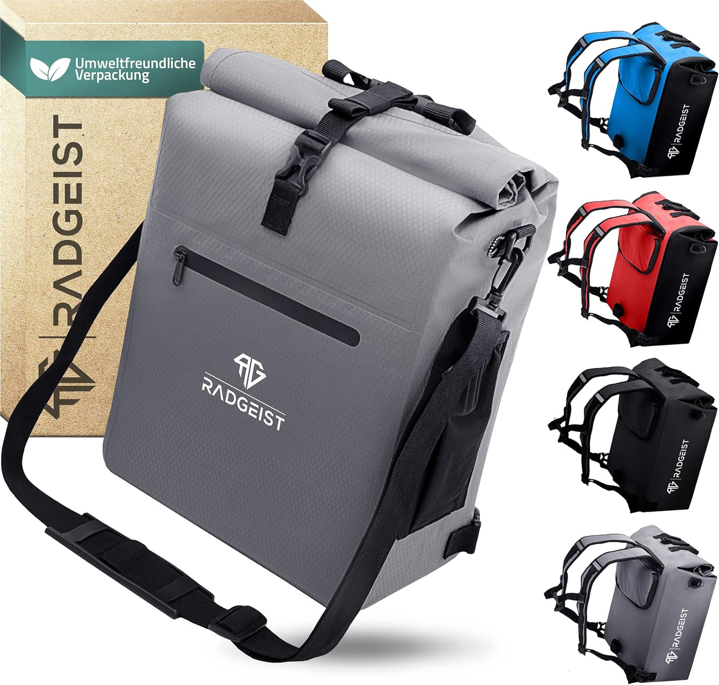 RADGEIST 3 in 1 Gepäckträgertasche - Fahrradrucksack - Mit Laptopfach - Wasserdicht - 25L - Grau