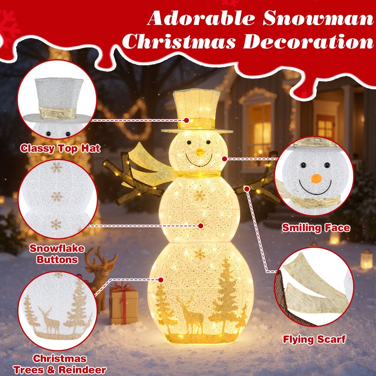 Coast LED-Schneemann-Weihnachtsdekoration – 100 warmweiße LED-Lämpchen – 141 cm hoch – mit Hut und Schal – weiß