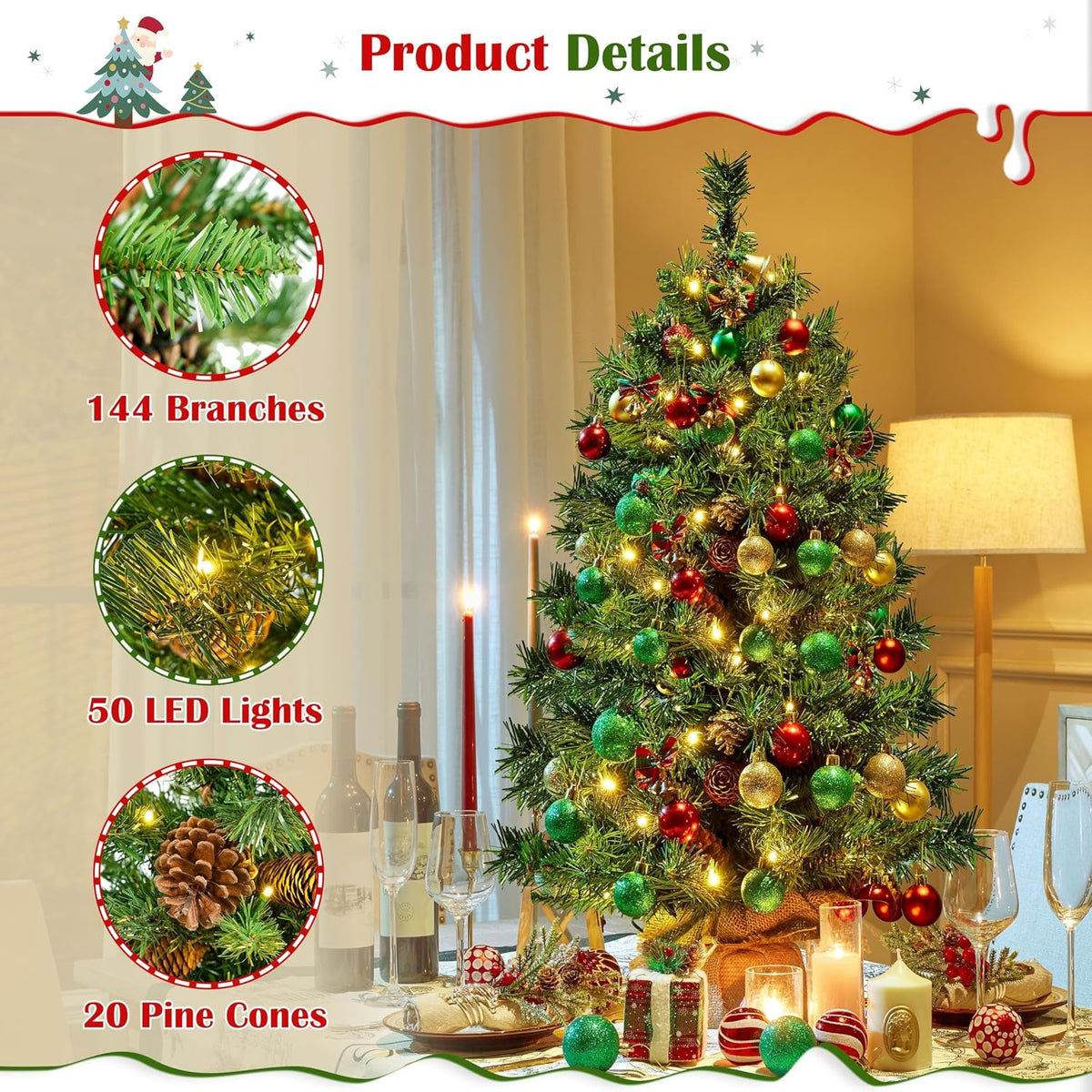 Yaheetech Kunstweihnachtsbaum – 2er-Set – 91,5 cm – 50 warmweiße LEDs – Tannenzapfen – Grün