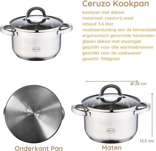 Ceruzo Kochtopf - Edelstahl - Ø 20 cm - H 12,5 cm - 3,6 L - alle Wärmequellen