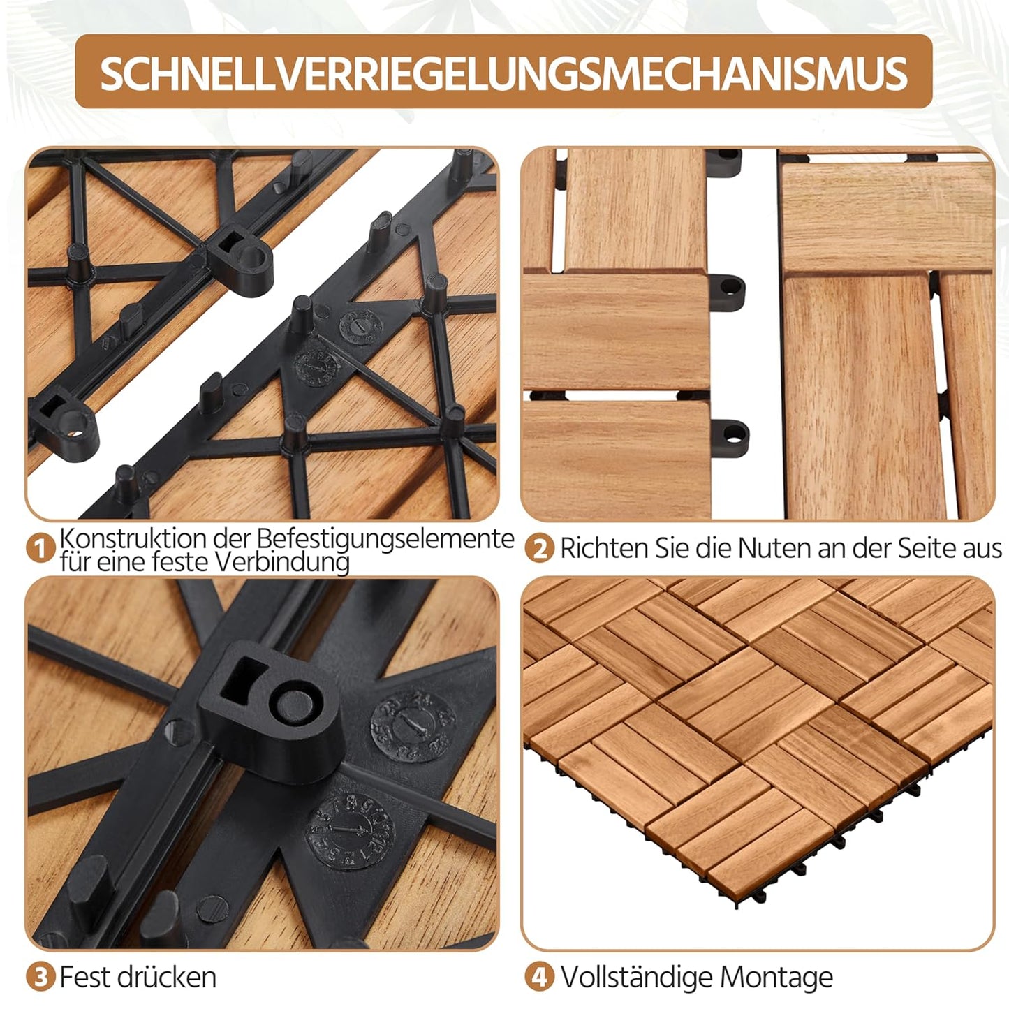 Yaheetech Akazienholz-Decking-Fliesen Hellbraun - 27 Stück - 30 x 30 cm - Wasserfeste Klick-Fliesen für Balkon, Terrasse & Garten