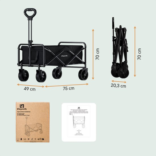 LifeGoods Klappbarer Handwagen – 80 l – 80 kg Tragkraft – 75 x 49 x 70 cm – Zusammenklappbarer Handwagen – Waschbares Polyester – Schwarz