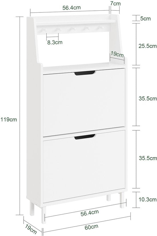 SoBuy Schuhschrank, extraflach 19 cm – Stauraum bis Größe 47 – mit Haken und offenem Regal für kleine Wohnungen, Flur, Eingangsbereich – weiß, 60 x 19 x 119 cm, FSR221-W