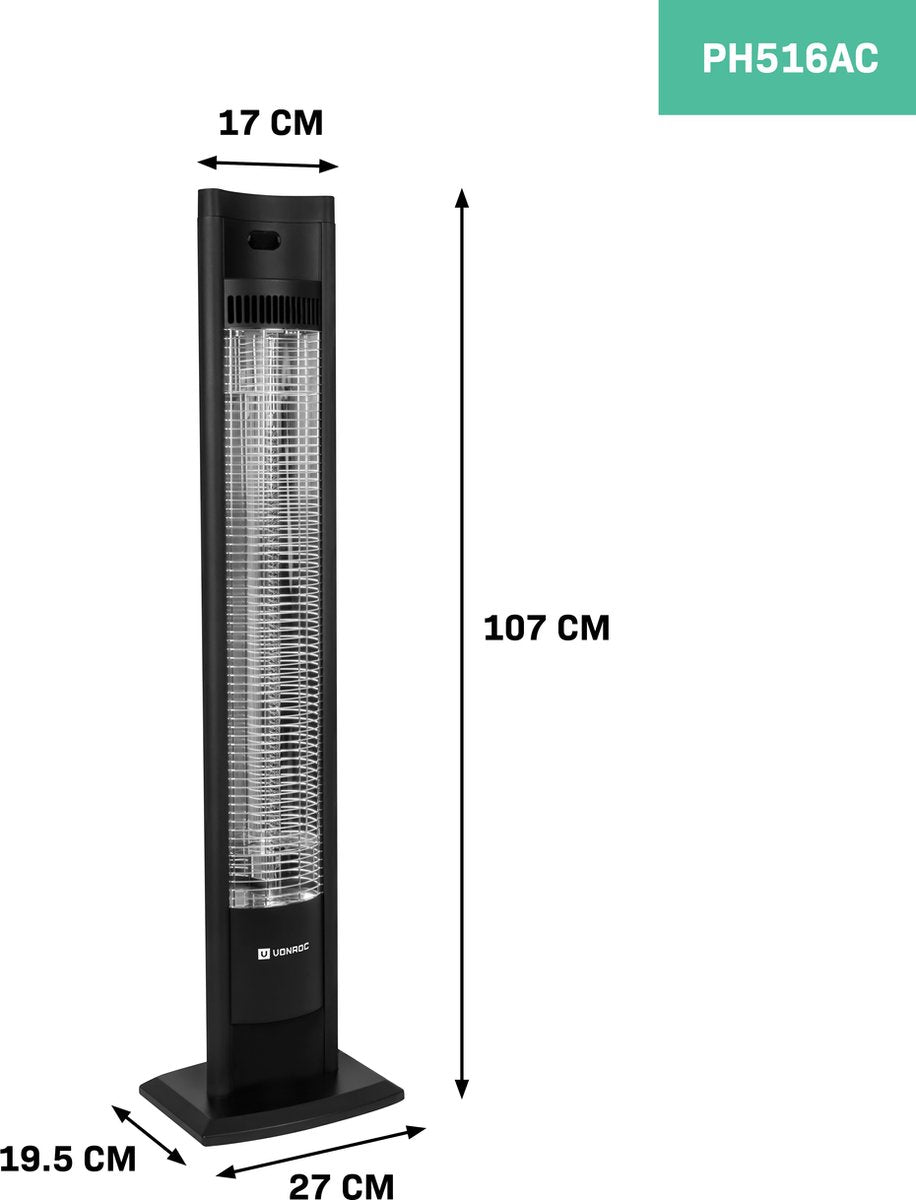 VONROC Terrassenstrahler Filicudi - Infrarot - 2000W - Hoher Wirkungsgrad - Kohleelement - 2 Heizarten - LCD-Bildschirm - Inkl.