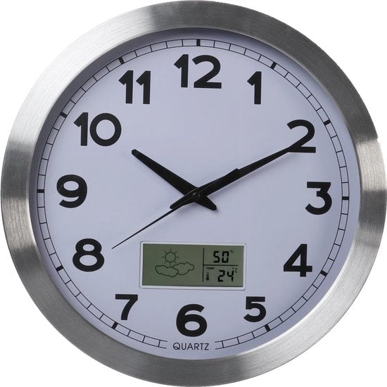 Perel Wanduhr, rund, analog, 35 cm, LCD-Display mit Thermometer, Hygrometer und Wettervorhersage, Aluminium, silber