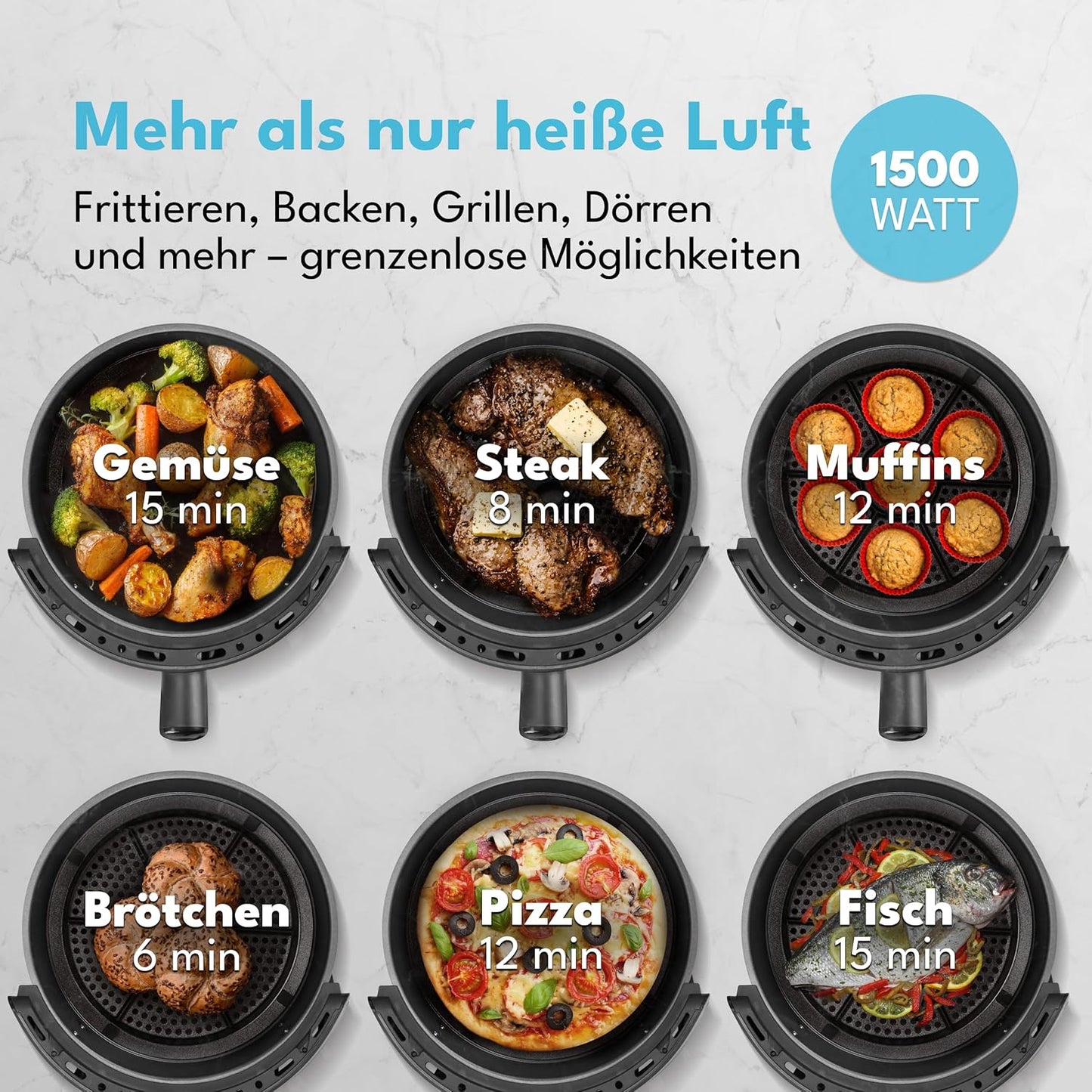 LEBENLANG Airfryer 5L & 1500W - 8 Programme - Inklusive Rezeptbuch - 45 x 30 x 27 cm - Schwarz