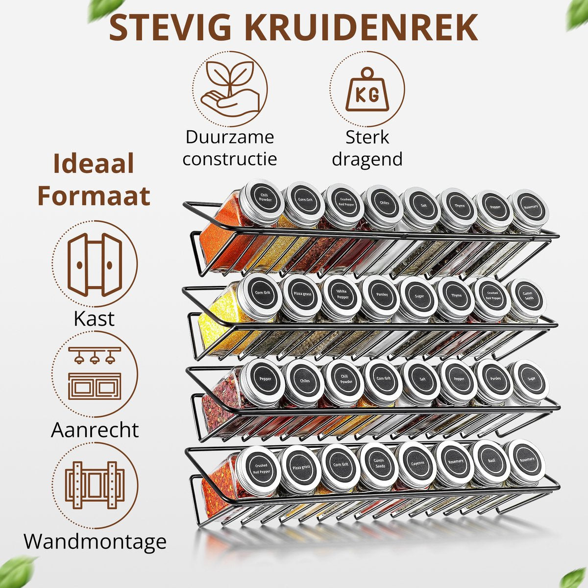 SV Living Gewürzregal Schwarz 37,3x11,9x6 cm - 32 Glasgewürzdosen mit Zubehör - Aufhängbar mit oder ohne Bohrer