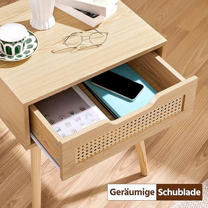 Yaheetech Nachttisch mit Rattan-Schublade – Hellbraun – 48,5 x 41 x 57,5 cm – Holzbeine
