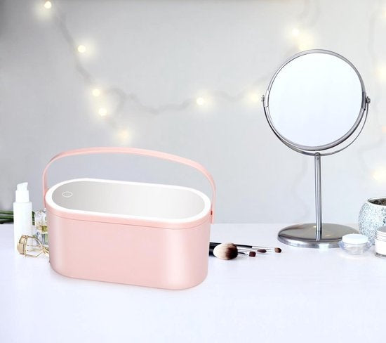 Touch Of Beauty Make Up Organizer mit LED-Spiegel - Travel Beautycase - 24.1 x 10.4 x 11.7CM - Einstellbare LED-Beleuchtung - Inkl. USB-Ladekabel - Kunststoff - Pink