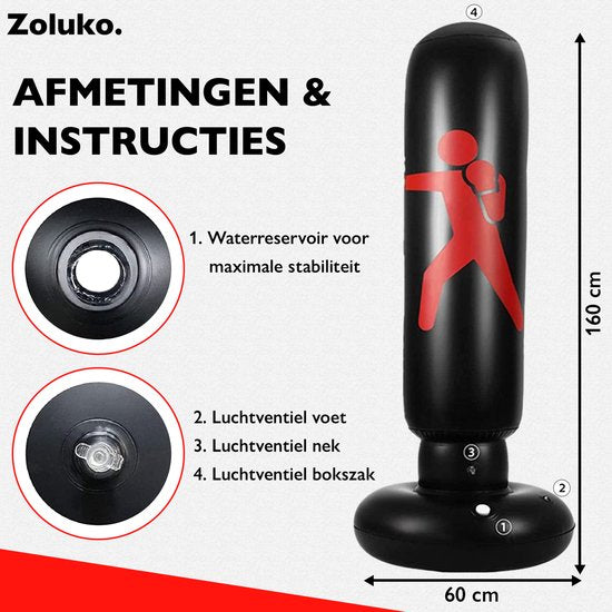 Zoluko Aufblasbarer Boxsack am Fuß - Inkl. Boxhandschuhe, Fußpumpe und E-Book - Indoor und Outdoor - Für Erwachsene und Kinder - Boxsack stehend - Boxsack am Fuß - Boxball am Stand - Boxset Kinder - Boxstange - Boxtrainer - Schwarz