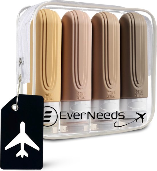 EverNeeds Reiseflaschen mit Etui - Nachfüllbar - Silikon-Reiseflaschen Handgepäck - Hell Apricot - 4 Stück