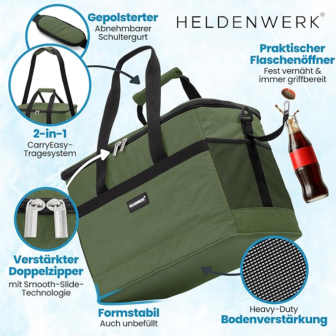 HELDENWERK große faltbare Kühltasche - Kühlbox mit bis zu 12 Stunden Kühlleistung, auslauf- und wasserdicht - Thermotasche, Picknicktasche, Lunchbag, Isoliertasche mit 7 Fächern - verstärkter Boden