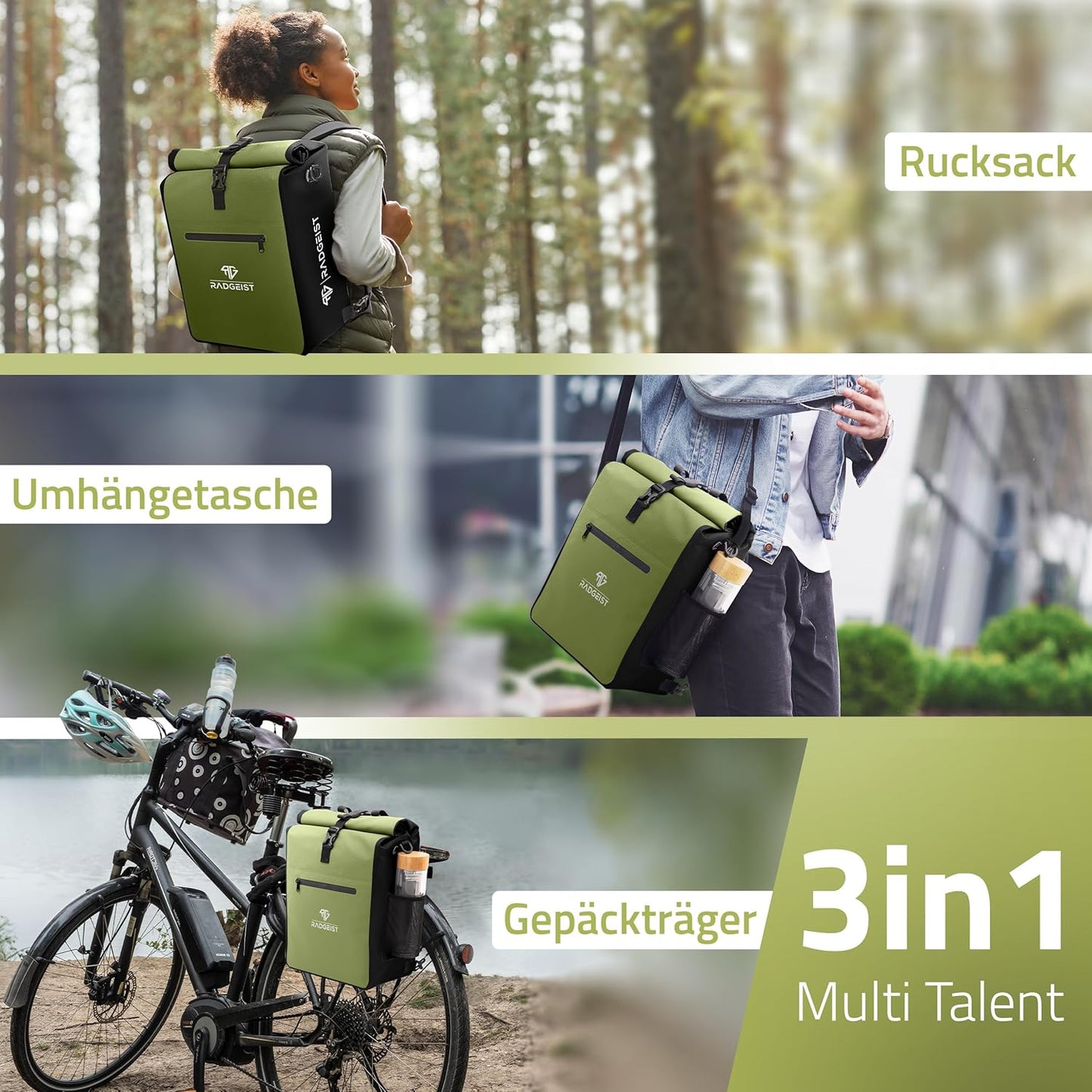 RADGEIST 3in1 Fahrradtasche für Gepäckträger I Fahrradtasche und Rucksack 25L I 100% wasserdicht