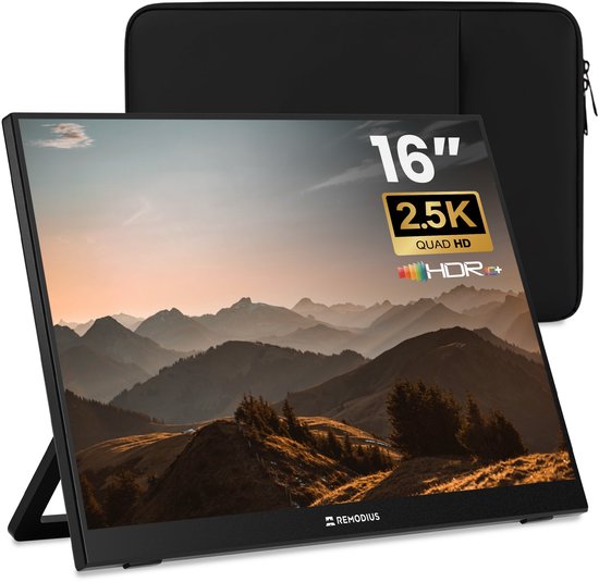 Remodius® Tragbarer Monitor 16 Zoll + Schutzhülle - Ultradünner tragbarer 2.5K-Monitor - Reise-Display-Bundle mit Schutzhülle - USB-C & Mini HDMI - IPS-Bildschirm, HDR, integrierter Kickstand - Für Laptop, Mac & Smartphone