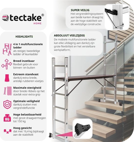 tectake 401668 Multifunktionsleiter - Gerüstgestell - Arbeitshöhe 1m