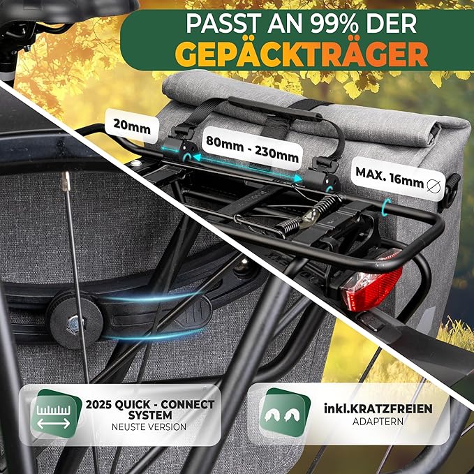 MIVELO Fahrradtasche – 2in1 Gepäckträgertasche & Schultertasche – 20 Liter – Grau