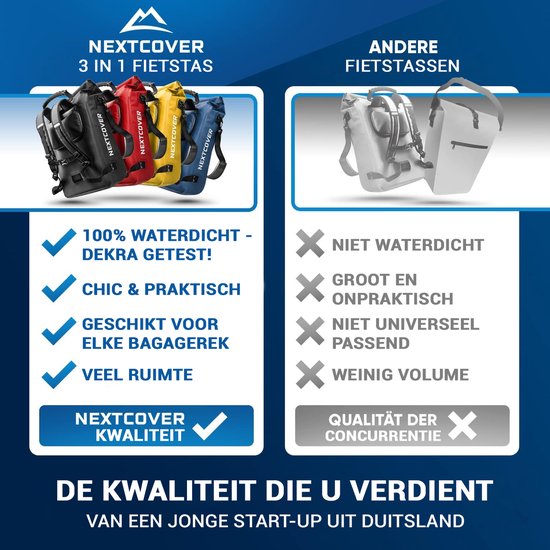 NEXTCOVER® NEW 3-in-1 Fahrradtasche für Gepäckträger [Aquashield] - Reflektierende Gepäcktasche wasserdicht - Rucksack und Umhängetasche [25 Liter]- Rot