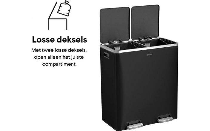 Homra QUICKX Duo - Mülleimer - Mülltrennung - 2 Fächer - Edelstahl - 60 Liter (2x30 L) - Schwarz