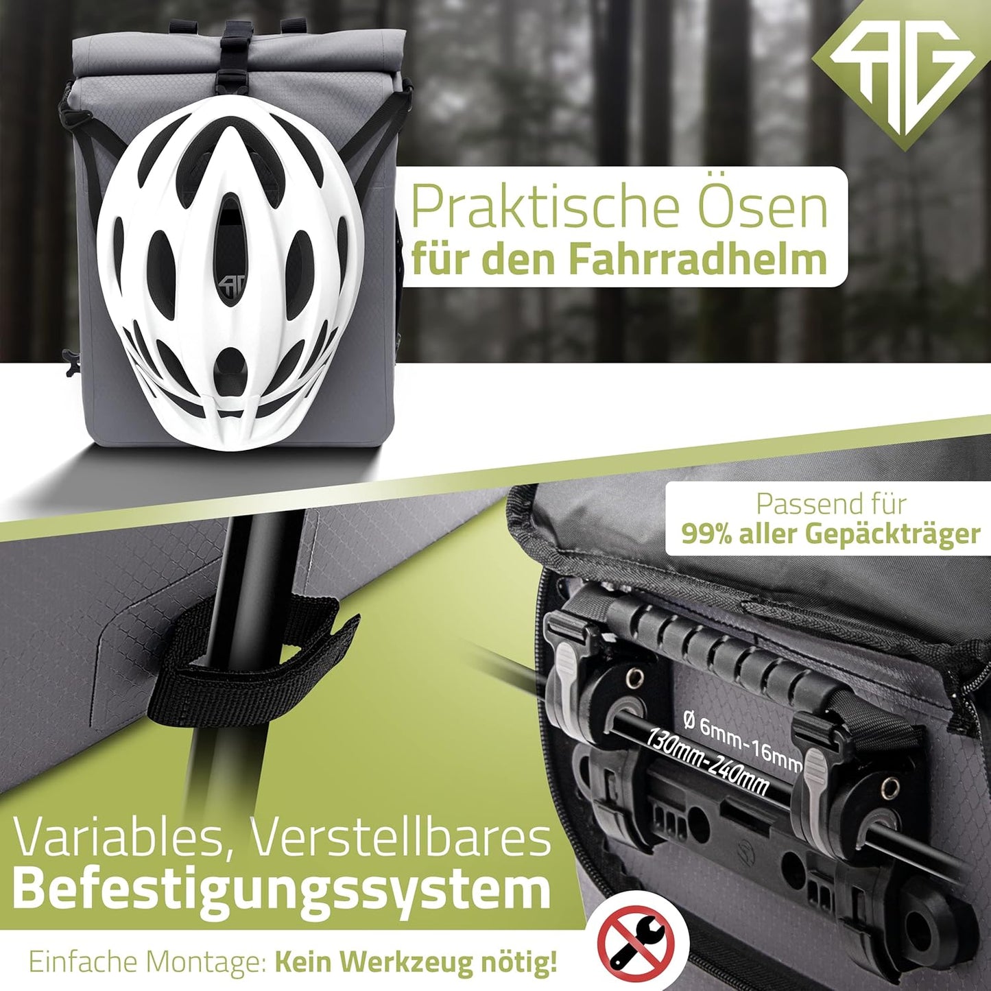 RADGEIST 3 in 1 Gepäckträgertasche - Fahrradrucksack - Mit Laptopfach - Wasserdicht - 25L - Grau