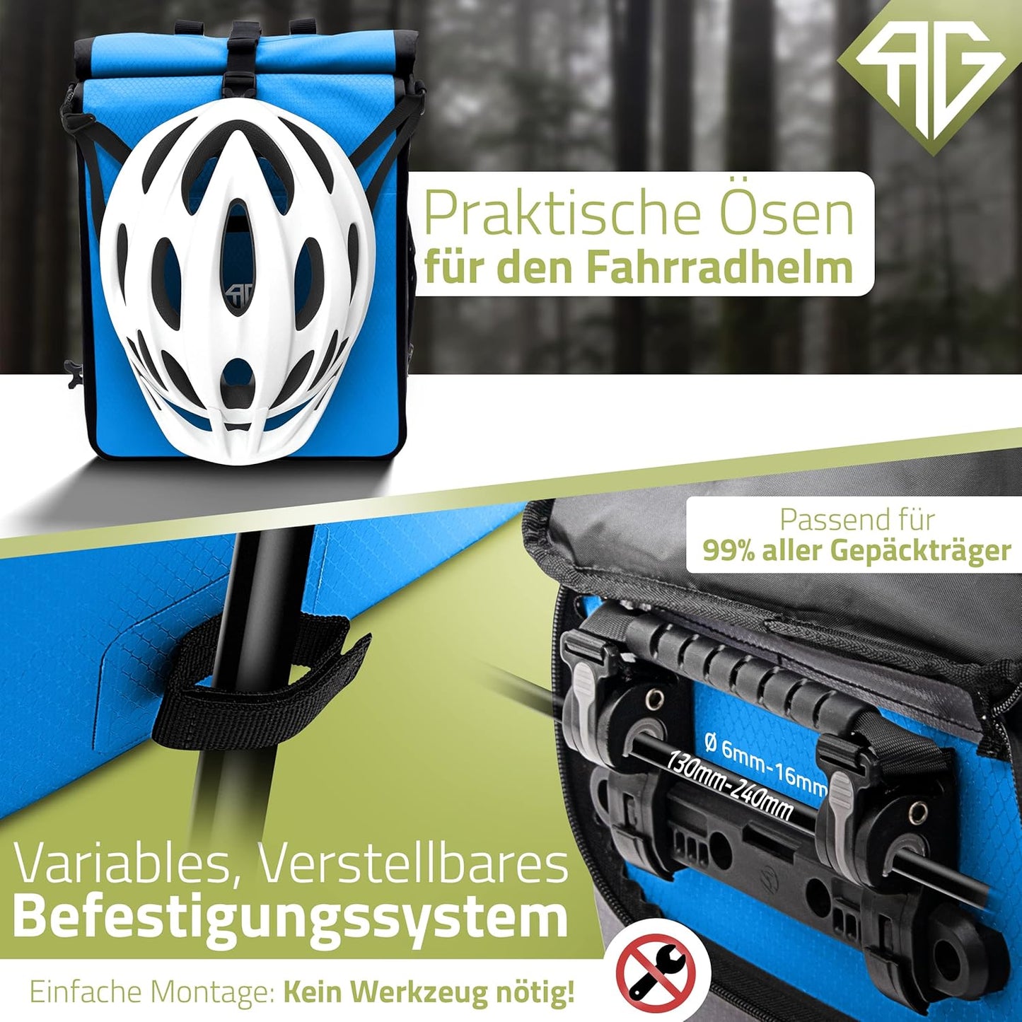 RADGEIST 3 in 1 Fahrradtasche - Für Gepäckträger - Tragetasche - Umhängetasche - Mit Laptopfach - Wasserdicht - 25L - Blau