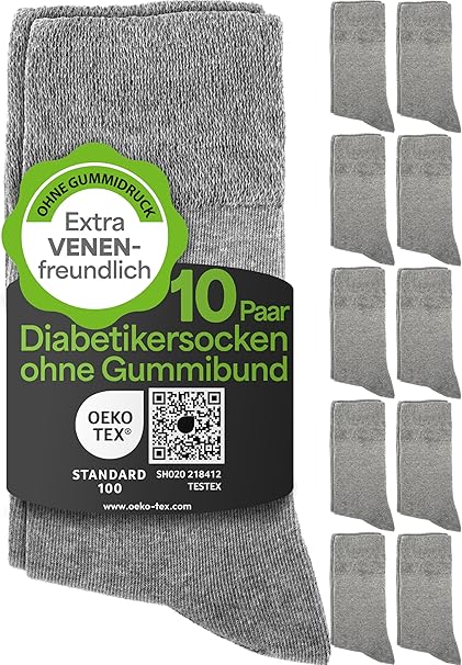 HELDENWERK Diabetikersocken für Damen und Herren, 10 Paar, Diabetikersocken ohne Gummizug und Naht aus 97% Baumwolle, extra breite Gesundheitssocken mit Komfortbund - Größe 39-42 - Grau