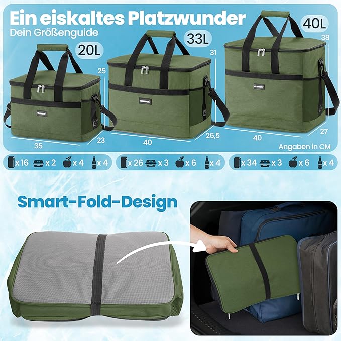 HELDENWERK Große faltbare Kühltasche - Kühltasche mit bis zu 12 Stunden Kühlleistung, auslaufsicher und wasserdicht - Thermotasche, Picknicktasche, Lunchbag, Isoliertasche mit 7 Fächern - verstärkter Boden - Olivgrün