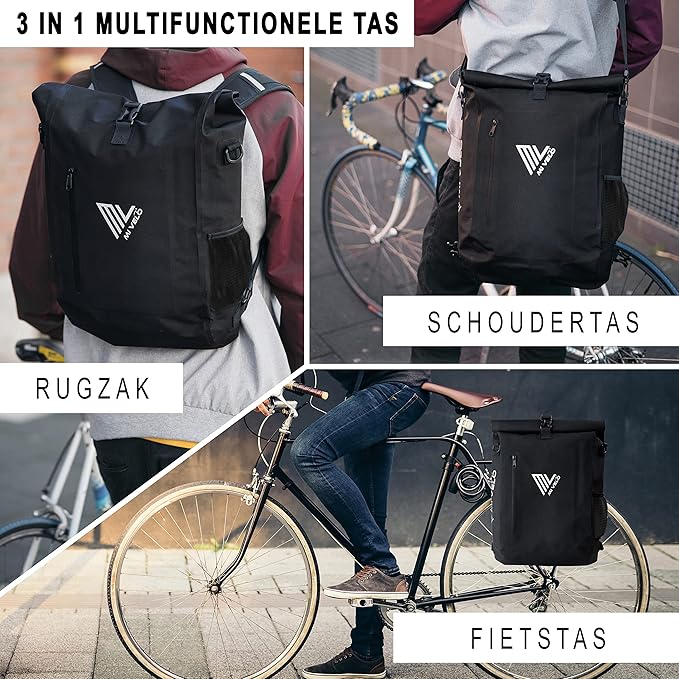 Mivelo 3 in 1 Fahrradtasche - Fahrradrucksack - Umhängetasche wasserdicht 100% PVC-frei, mit Laptopfach, Gepäckträgertasche für alle Arten von Fahrradträgern - Schwarz