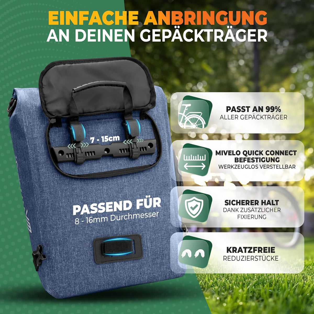 MIVELO - 3-in-1 wasserdichte Fahrradtasche mit Laptop-Fach und Schloss - PVC-frei - 20 L - Jeansblau
