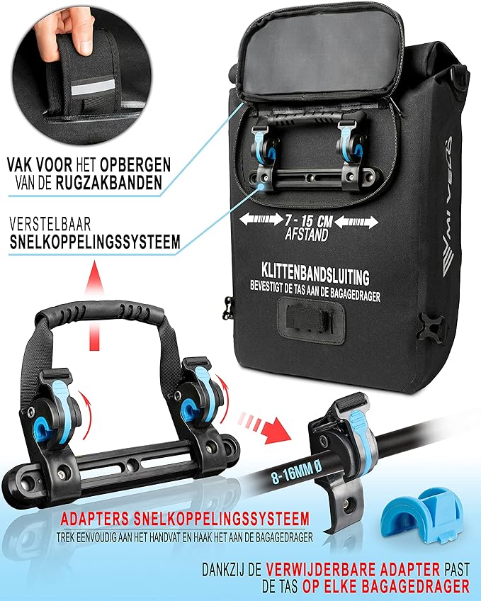 Mivelo 3 in 1 Fahrradtasche - Fahrradrucksack - Umhängetasche wasserdicht 100% PVC-frei, mit Laptopfach, Gepäckträgertasche für alle Arten von Fahrradträgern - Schwarz