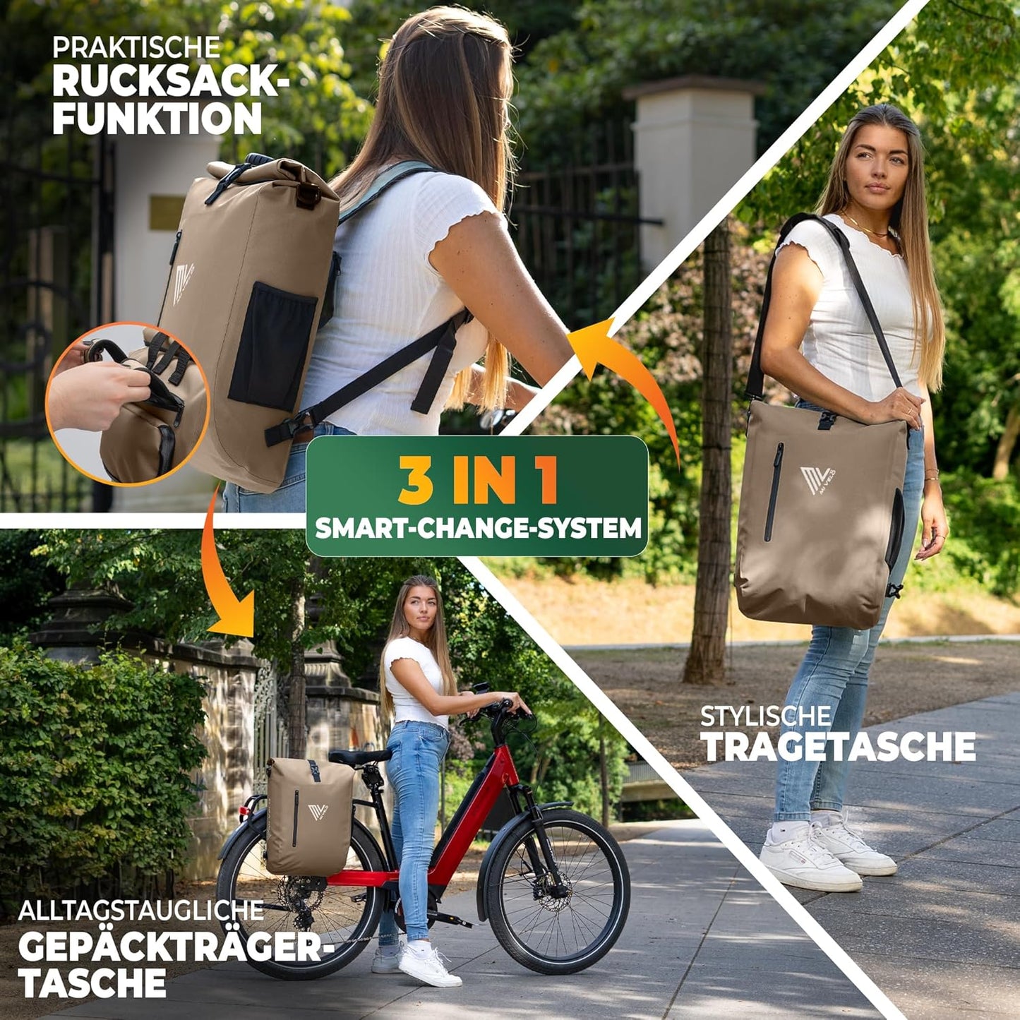 MIVELO 3-in-1 wasserdichte Fahrradtasche mit Laptopfach und Schloss - PVC-frei - Sand Beige - 20 L