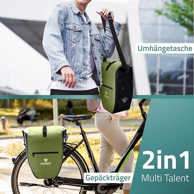 RADGEIST Gepäckträgertasche für Fahrradträger Set - 2X Tasche für Fahrradträger - Gepäcktasche wasserdicht & Umhängetasche - Gepäckträgertasche mit Reflektoren