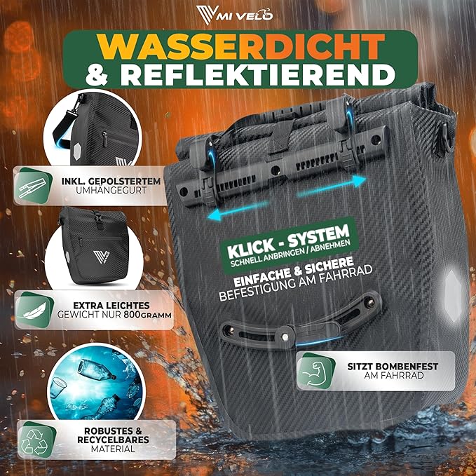 MIVELO Fahrradtasche – 2in1 Gepäckträgertasche & Schultertasche – 20 Liter – Wasserdicht – Carbon