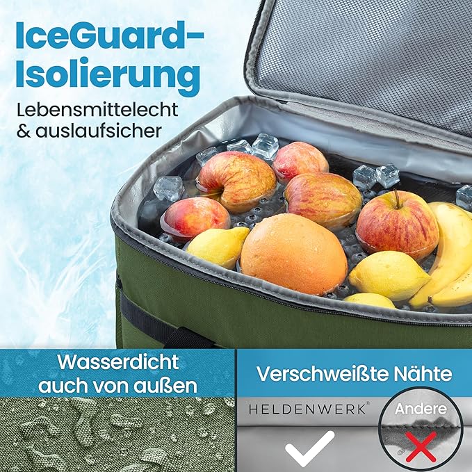 HELDENWERK Große faltbare Kühltasche - Kühltasche mit bis zu 12 Stunden Kühlleistung, auslaufsicher und wasserdicht - Thermotasche, Picknicktasche, Lunchbag, Isoliertasche mit 7 Fächern - verstärkter Boden - Olivgrün