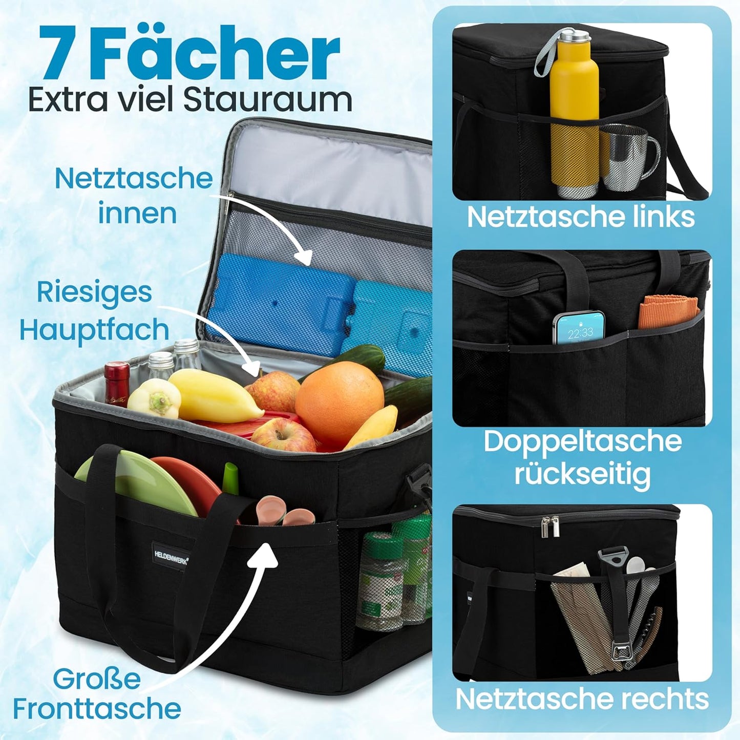 Heroic Kühltasche - 40L- 12 Stunden - 7 Fächer - Schwarz