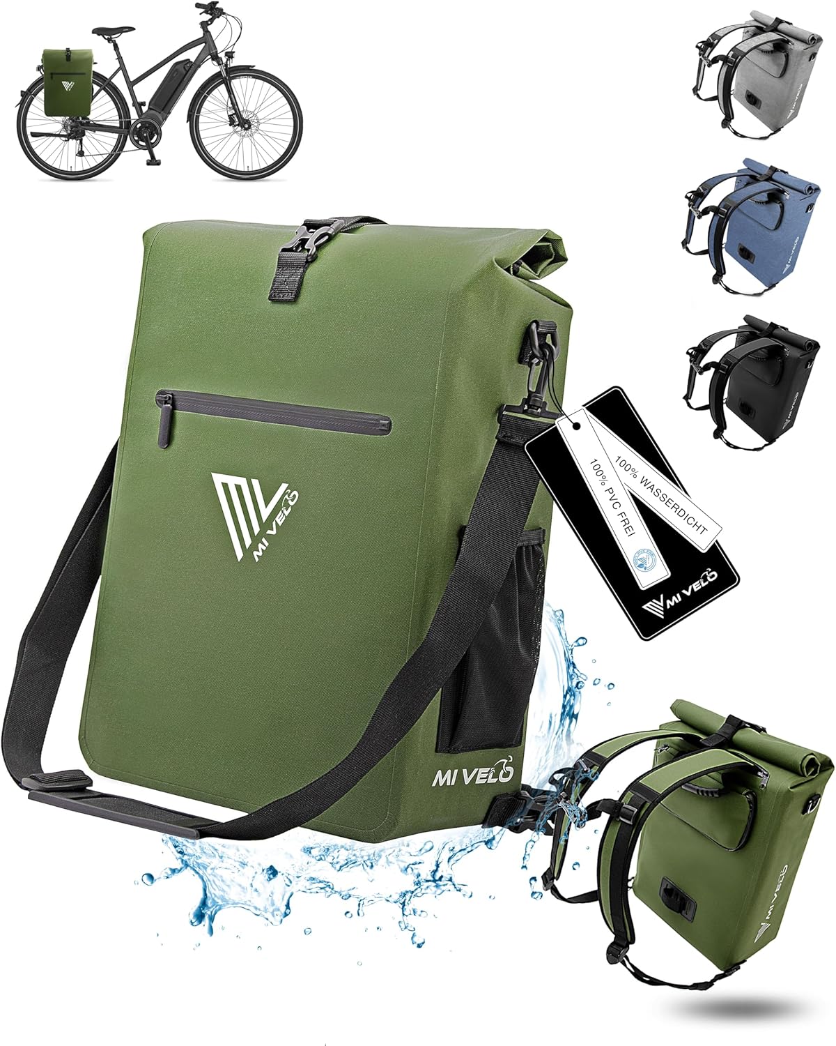 MIVELO 3-in-1 Packtasche für Gepäckträger - 100% wasserdicht - PVC-frei - Olivgrün - 25L