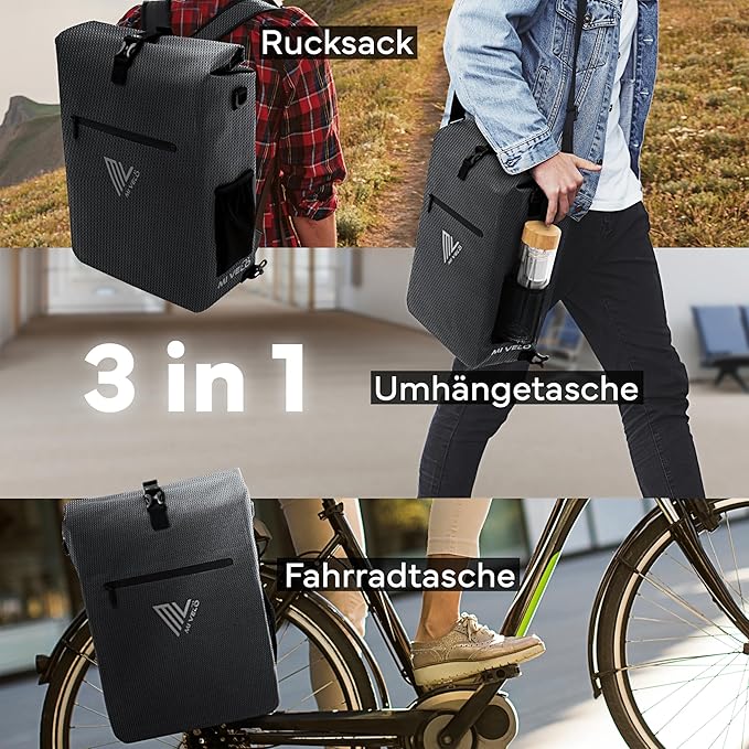 MIVELO 3-in-1 Packtasche - Rucksack & Umhängetasche - Wasserdicht - Mit Laptopfach - 20L - Schwarz Reflektierend