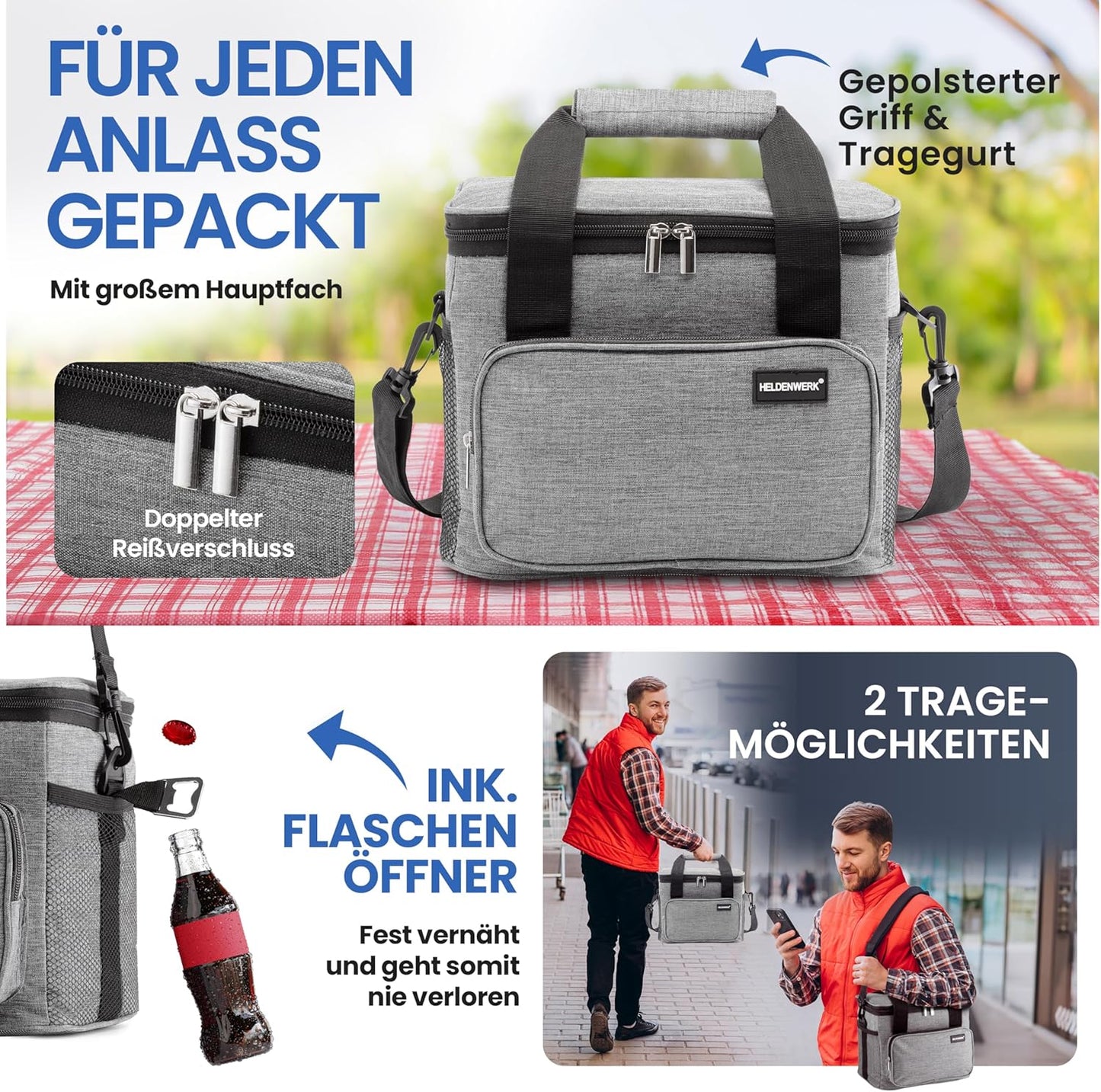 HELDENWERK Kühltasche klein & faltbar - 10 Liter Thermo-Lunchbag - isoliert, wasserdicht & auslaufsicher - Kühltasche - Brunch- und Lunchbag - Hellgrau
