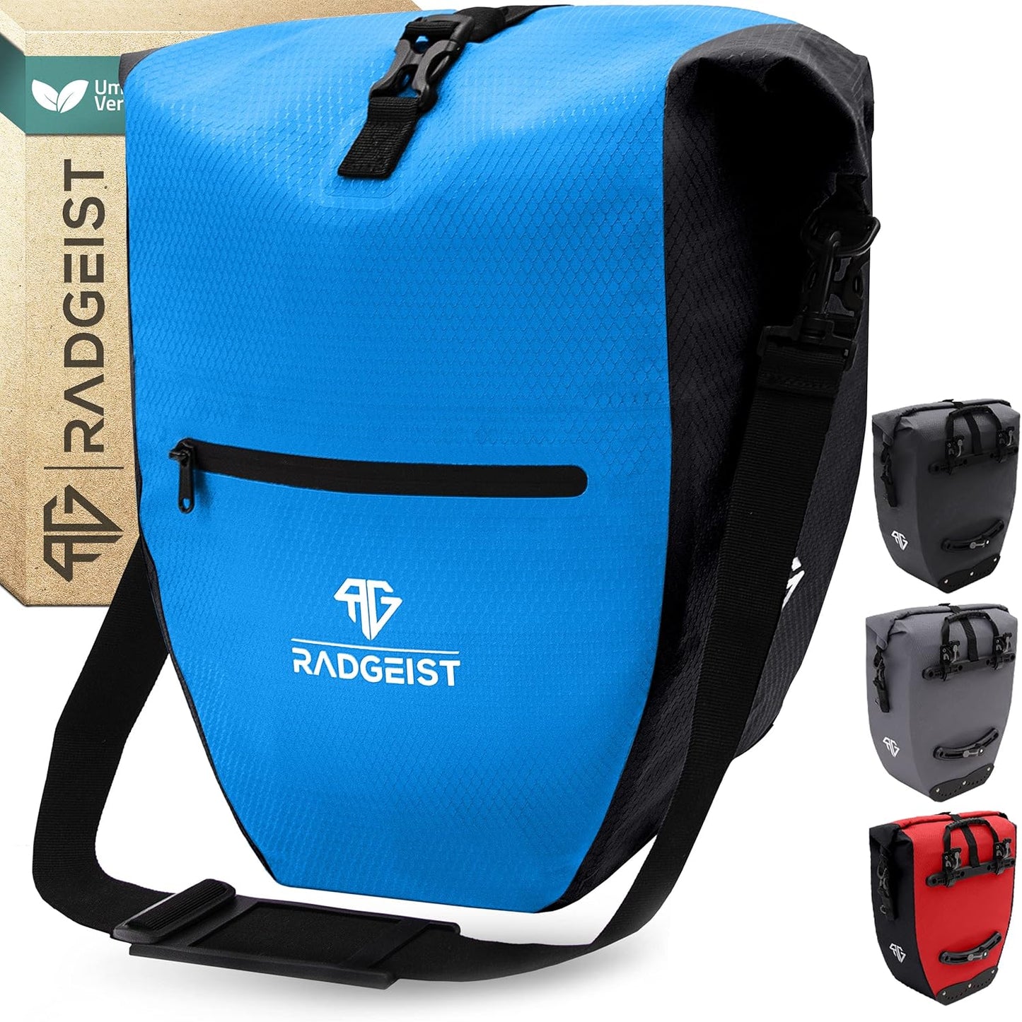 RADGEIST Fahrradtasche - Für Fahrradträger - Wasserdicht - Mit Reflektoren - 28 Liter - Blau