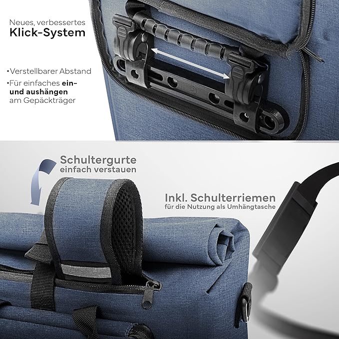 MIVELO Gepäckträgertasche für Gepäckträger - 3-in-1 - 25 Liter Fassungsvermögen - Jeansblau & Wasserdichtes Polyester - Reflektierende Details - Für den täglichen Gebrauch