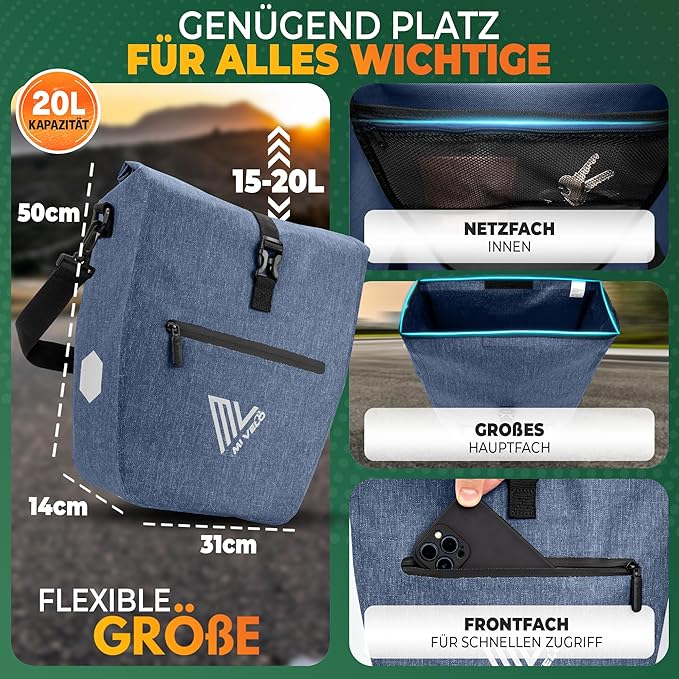 MIVELO Fahrradtasche – 2in1 Gepäckträgertasche & Schultertasche – 20 Liter – Jeansblau