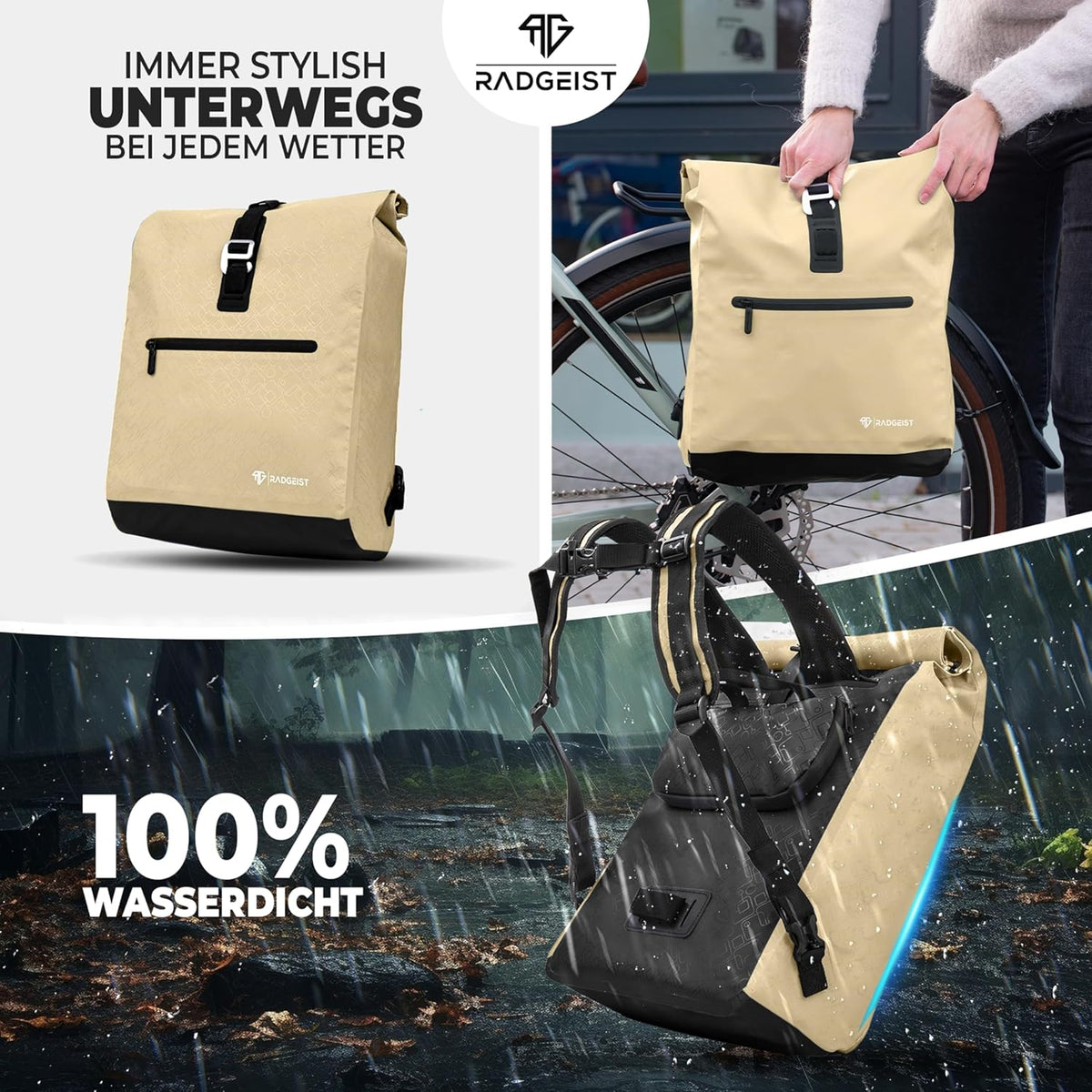 RADGEIST Fahrradtasche für Gepäckträger - Für Frauen & Männer - 20L - Beige