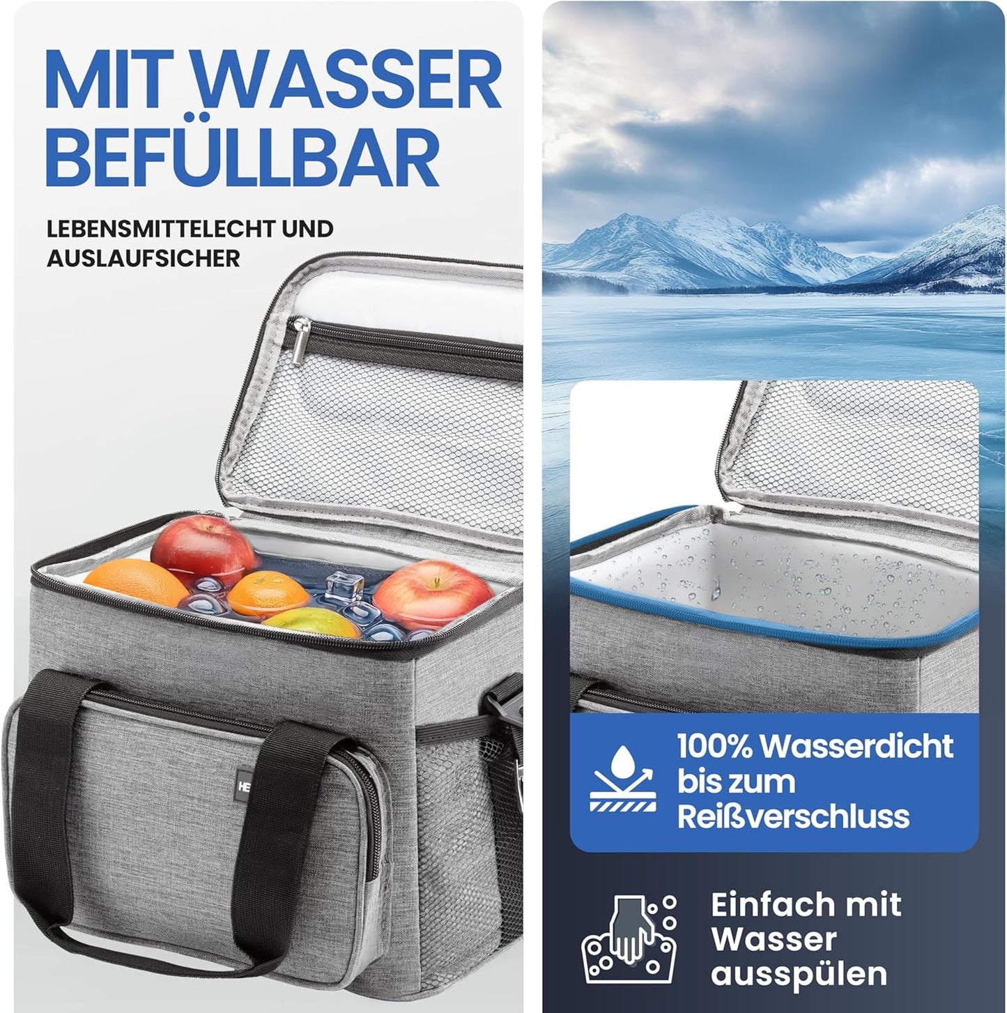 HELDENWERK Kühltasche klein & faltbar - 10 Liter Thermo-Lunchbag - isoliert, wasserdicht & auslaufsicher - Kühltasche - Brunch- und Lunchbag - Hellgrau