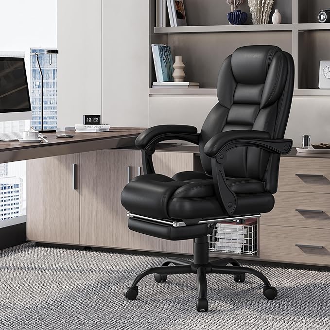 Yaheetech Bürostuhl mit Fußstütze - Schwarz - Ergonomischer Chefsessel mit verstellbarem Rücken und Armlehnen
